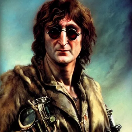 Prompt: john lennon as a mad max villain, ultra realistic, concept art, intricate details, highly detailed, photorealistic, octane render, 8 k, unreal engine, art by frank frazetta, simon bisley, brom