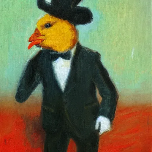 Image similar to a high quality photo of a chicken wearing a suit, Impressionism, 8k