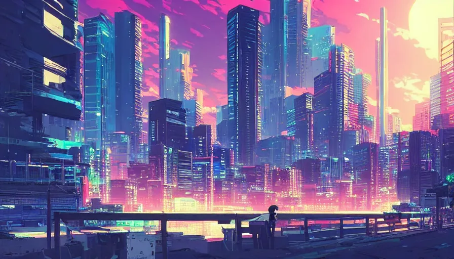 Prompt: beautiful anime synthwave cityscape by makoto shinkai