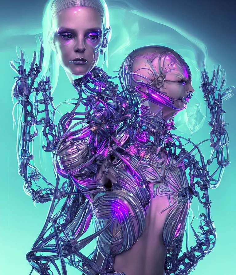 Image similar to fully symmetrical centered iridescent portrait of a beautiful princess in robe. artificial muscles, ribcage, bones, hard surface modelling. cyberpunk look. biomechanical mask. bio luminescent biomechanical halo around head. neon jellyfish. artwork by jarold Sng by artgerm, by Eddie Mendoza, by Peter mohrbacher by tooth wu, unreal engine, octane render, cinematic light, high details, iridescent colors, dichroic, macro, depth of field, blur