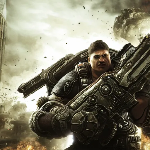 Image similar to Bowser in 'Gears of War', splash art, movie still, cinematic lighting, detailed face, dramatic, octane render, long lens, shallow depth of field, bokeh, anamorphic lens flare, 8k, hyper detailed, 35mm film grain