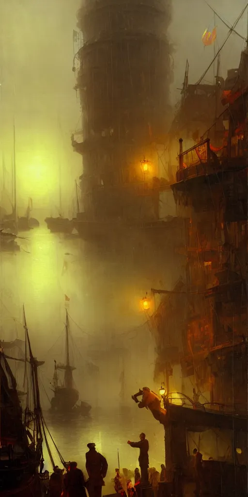 Image similar to a seaport in 1 9 4 0 with red light on, sunny day, a men stand up next to the edge, mystical orange fog, oil on canvas, art by andreas achenbach, clemens ascher, tom bagshaw and sabbas apterus,