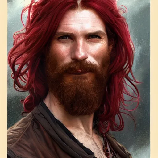 Prompt: portrait of a young ruggedly handsome but joyful pirate, male, masculine, upper body, red crimson crimson deep red hair, long long flowing hair, fantasy, proud smirk, intricate, elegant, highly detailed, digital painting, artstation, concept art, matte, sharp focus, illustration, art by artgerm and greg rutkowski and alphonse mucha