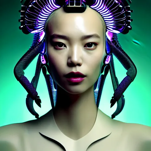 Image similar to half body portrait of an absurdly beautiful, graceful, sophisticated, fashionable asian cyberpunk mechanoid gravure idol, hyperdetailed illustration by irakli nadar, maria borges, matt wisniewski style, intricate linework, dark black skin, neon jellyfish headdress, carved bone ruff, unreal engine 5 highly rendered, global illumination, radiant light, detailed and intricate environment