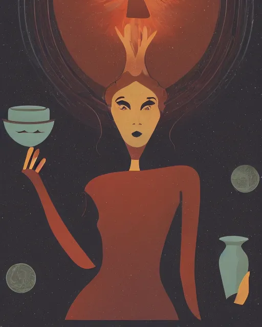 Image similar to retro dark vintage sci - fi. 2 d matte dark gouache illustration in a mystical style. a woman in a river holding two vases. symmetrical face.