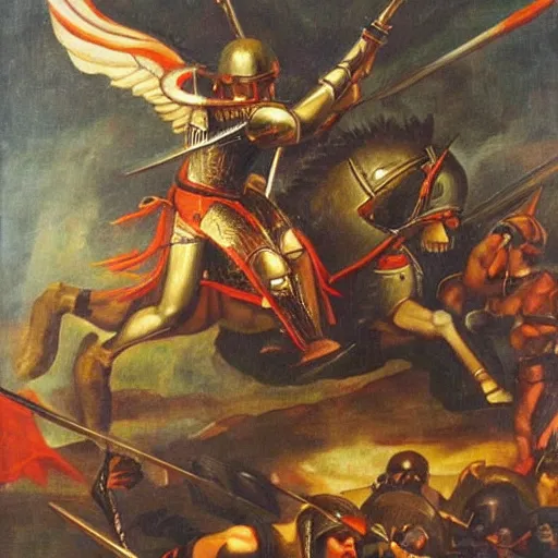 Prompt: black spartan warrior angel fighting a medieval army, oil painting