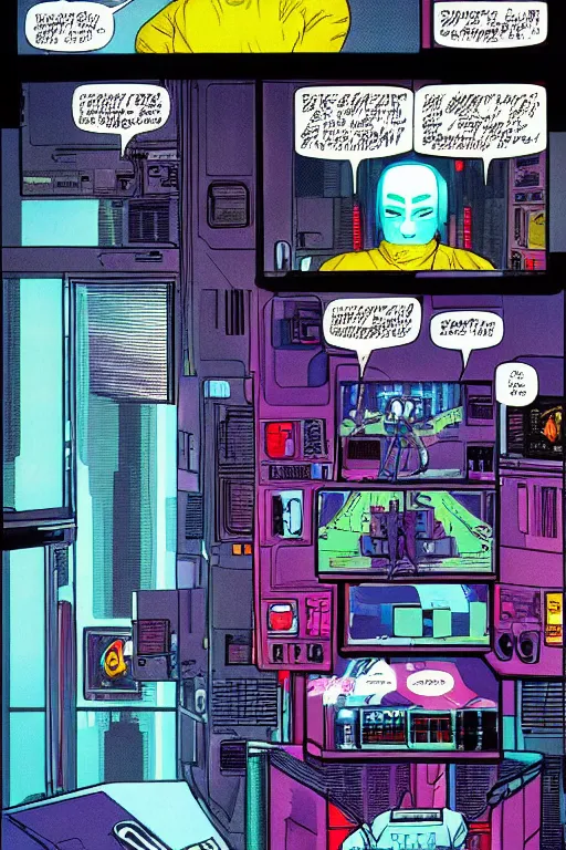 Prompt: a comic book illustration of an android interfacing with a computer console, the console is tall and imposing, there are many cables on the floor, bright screens, ghost in the shell, cyberpunk, neon colors, art by Moebius