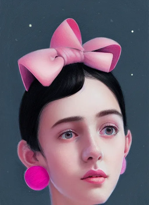 Image similar to portrait of teenage girl, realistic, black hair, bangs, half updo hairstyle, pointy nose, skinny, smile, ugly, defined jawline, big chin, pink hair bow, earrings, intricate, elegant, glowing lights, highly detailed, digital painting, artstation, sharp focus, illustration, art by wlop, mars ravelo and greg rutkowski