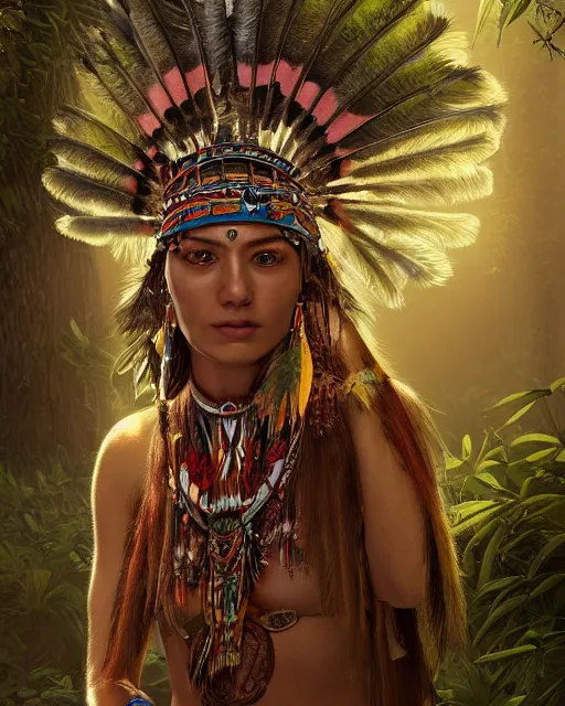 Prompt: Beautiful art portrait of a native american female fantasy owl shaman in a bright temple surrounded by lush forest, atmospheric lighting, intricate detail, cgsociety, hyperrealistic, octane render, RPG portrait, ambient light, dynamic lighting,