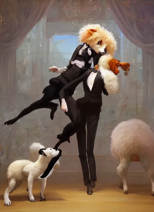 Image similar to wide shot painting of a male anthropomorphic border collie fursona dancing with a cute female anthropomorphic sheep fursona in a ballroom, beautiful, intricate, elegant, realistic proportions, highly detailed, scenic background, trending on artstation, art by charlie bowater and henry asencio and and ross tran