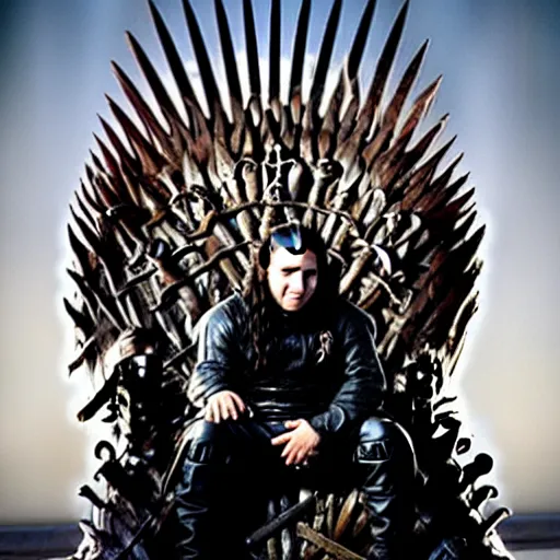 Image similar to skrillex sitting on the iron throne of game of thrones