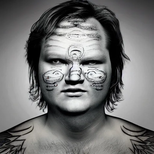 Image similar to andy richter, glowing eyes, facial tattoos by john reuss,