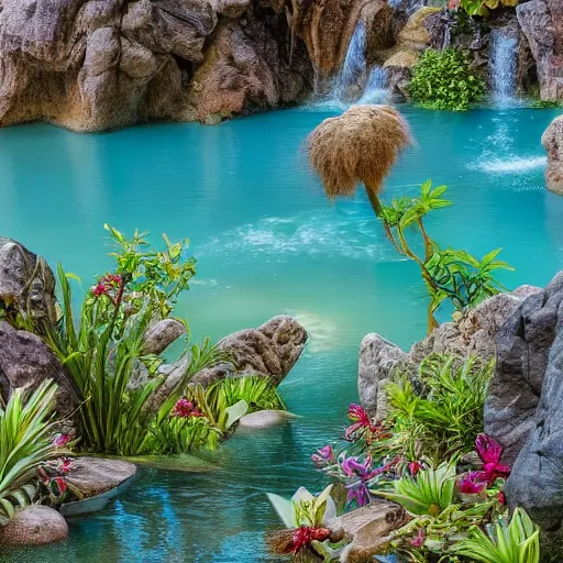 Prompt: a gentle waterfall into a sequestered turquoise lagoon. rocks. nature. tropical plants and flowers. intricate detail. highly detailed. cinematic