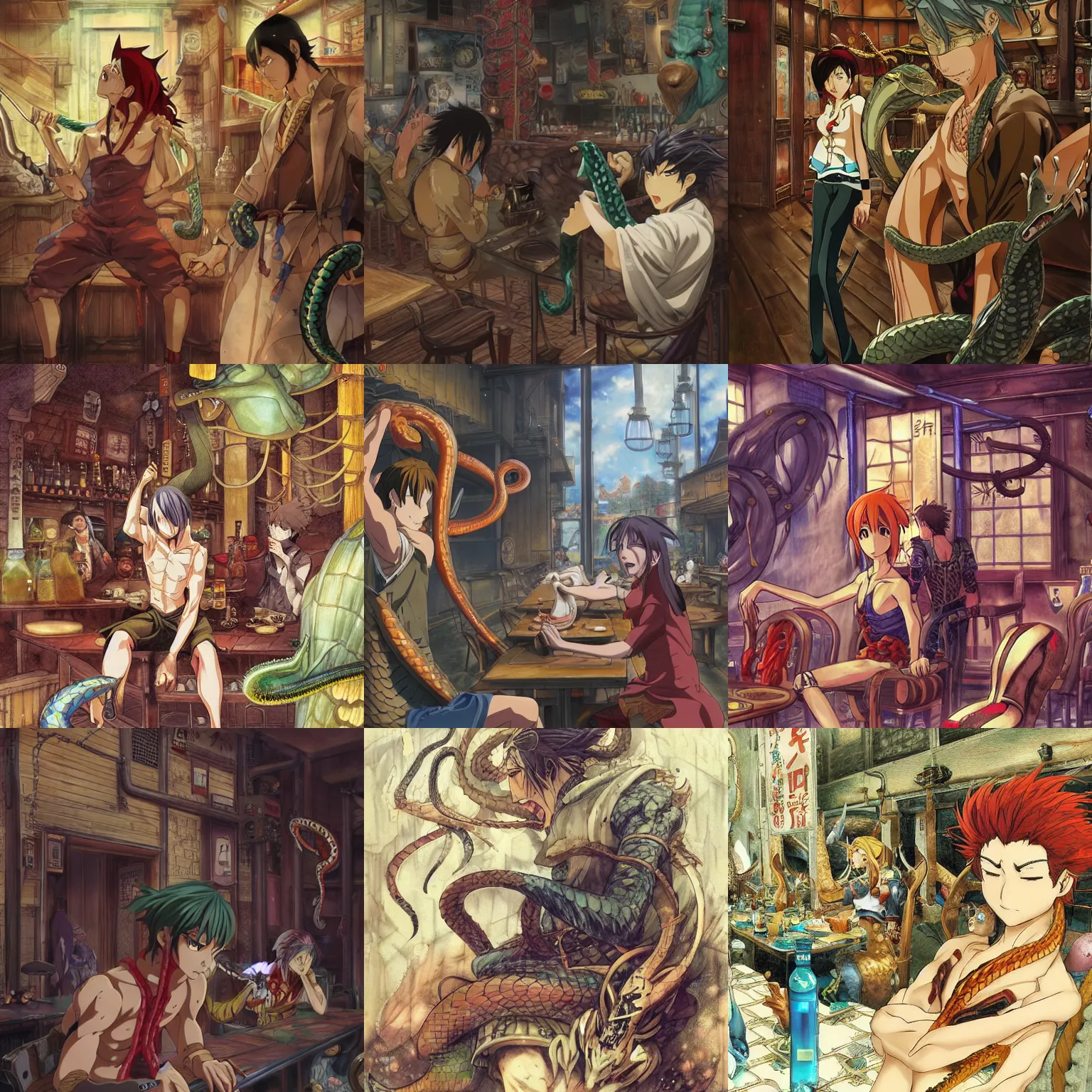 Prompt: an anime with a serpent man with a snake tail and no legs seated in an old crowded and lively tavern full of fantasy spirits and heroes, art by yuji ikehata and satoshi kon, background art by miyazaki, realism, proper human male proportions, fully clothed, dungeons and dragons