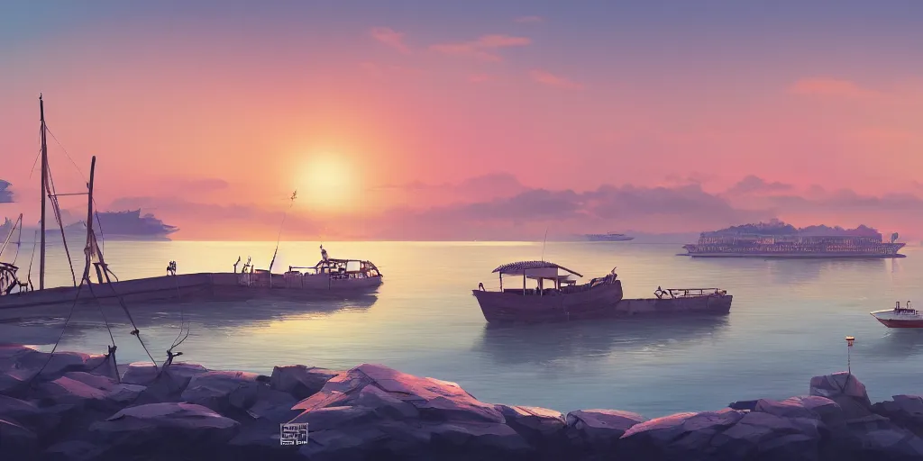 Prompt: pulau indah jetty, boat in foreground, fishing town in background, early morning, detailed matte painting, low angle view, telephoto lens, bokeh, studio ghibli, artstation