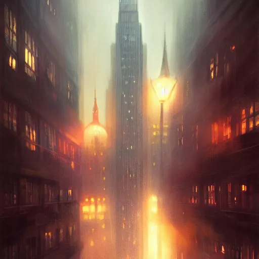 Image similar to nighttime in gotham city, art deco architecture, light mist, fantasy, intricate, elegant, digital painting, trending on artstation, concept art, soft focus, illustration by greg rutkowski, Gaston Bussiere and artgerm, 4k.