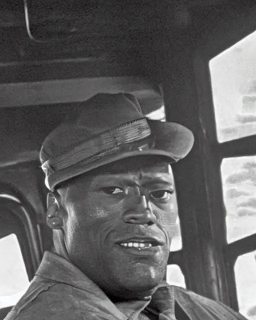 Image similar to film still close - up shot of dwayne johnson as john coffey driving a bus from the movie the green mile. photographic, photography