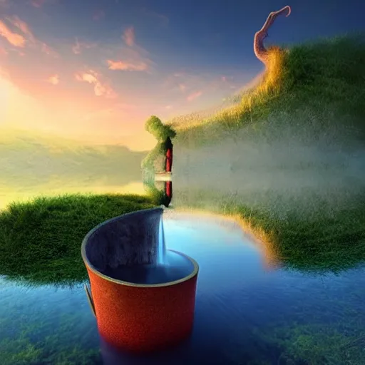 Image similar to a surreal landscape at sunset with a immense gigantic ornated iron chalice cup with a lake inside, water in excess dropping by gediminas pranckevicius