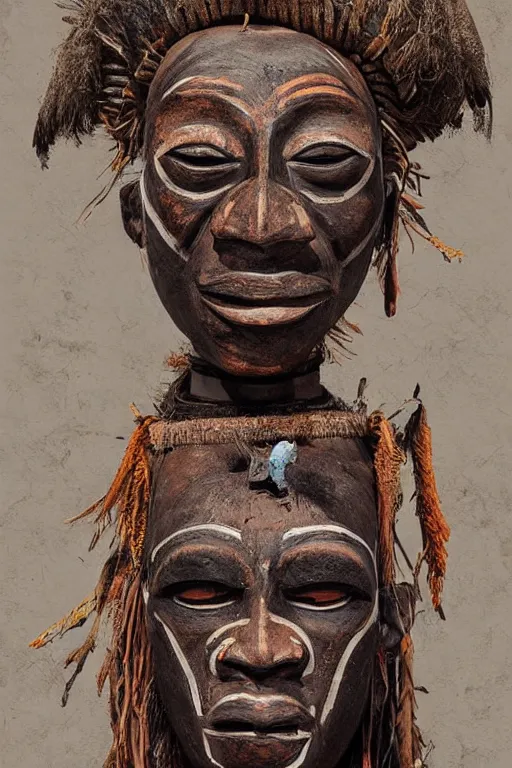 Image similar to portrait, headshot, digital painting, an old witchdoctor in african benin wooden painted ritual mask, realistic, hyperdetailed, chiaroscuro, concept art, art by frans hals