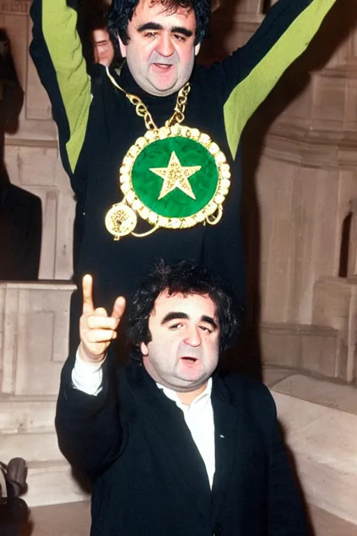 Prompt: gordon brown mixed with john belushi, dark black hair, wearing a green umbro tracksuit and gold necklace star shaped medallion, hands raised in the air,