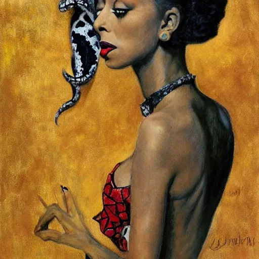 Image similar to josephine baker with snake skirt, intricate detail, painting, jazz age, miro, klimt, royo, frazetta, whealan,