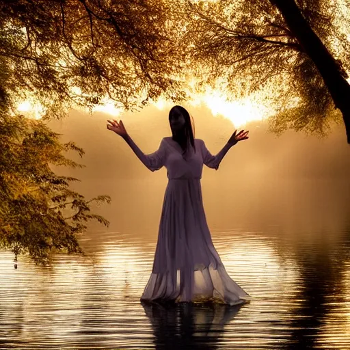 Image similar to a soaking wet ghostly woman in a white dress dancing in a quiet misty lake, high resolution photograph, late autumn, sunset, eerie light