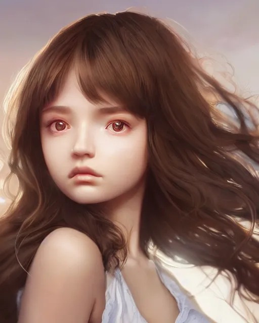 Prompt: 1 5 - year old girl with lush frizzy untamable brown hair, large front teeth, and bright piercing brown eyes, hyper realistic face, beautiful eyes, character art, art by artgerm lau and wlop and and ilya kuvshinov and john singer sargent, hyperdetailed, cryengine, trending on artstation, digital art