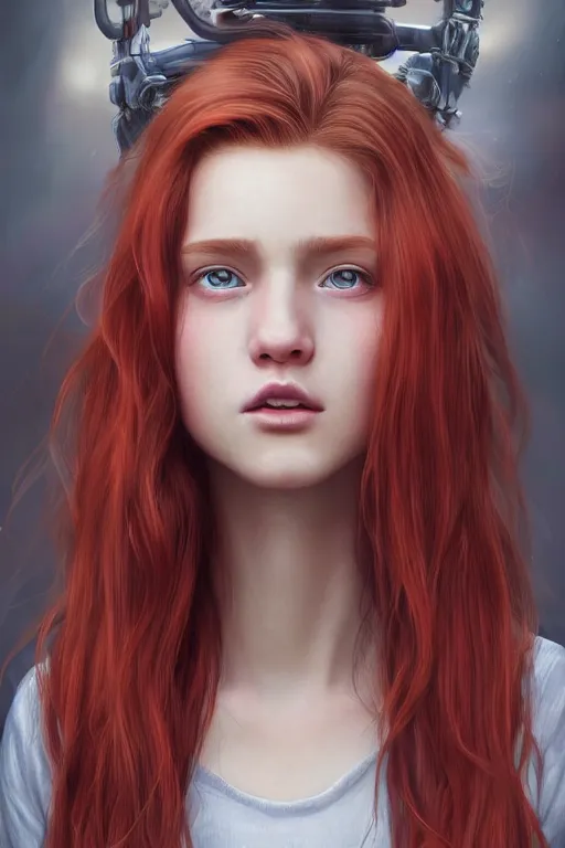 Image similar to ultra realistic style illustration of a beautiful cute red haired joyful 1 9 year old teen, full portrait, long hair, sci - fi, fantasy, intricate, elegant, digital painting, artstation, concept art, smooth, sharp focus, 8 k frostbite 3 engine, ultra detailed, art by artgerm and greg rutkowski and magali villeneuve