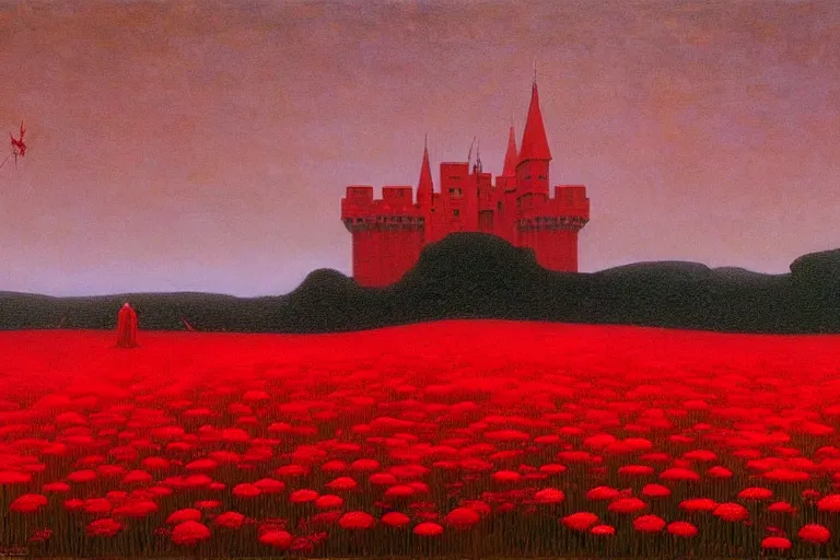 Image similar to only with red, red flowers of different types, a castle in the background, red giants rest over the flowers, in the style of beksinski, part by hopper, part by rodcenko, part by hofbauer, intricate composition, red by caravaggio, insanely quality, highly detailed, masterpiece, red light, artstation, 8 k