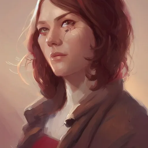 Prompt: portrait of a super friendly woman by greg rutkowski, he is about 2 9 years old, english, auburn slightly red shoulder length hair, brown eyes, cute chubby face, highly detailed portrait, digital painting, artstation, concept art, smooth, sharp foccus ilustration, artstation hq