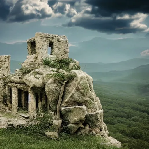 Image similar to the ruins of a village made out of stone on top of a cloud, overgrown with red vines, with a broken stone statue of a man in the middle of the ruins