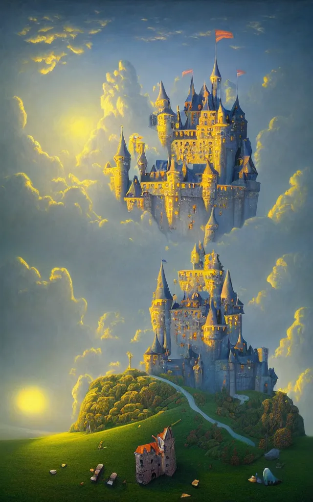 Image similar to close view of a castle an oil on canvas portrait painting of world castle happy place, volumetric light godray, surrealism, surrealist, impossible geometry, rob gonsalves, high detail fantastic gediminas pranckevicius