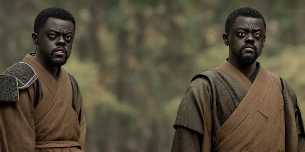 Image similar to a film still of daniel kaluuya starring as a japanese samurai in a japanese blockbuster film, shallow depth of field, cinematic, award winning cgi, vfx, film still