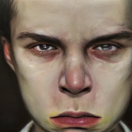 Image similar to high quality high detail painting by juan francisco casas, hd, portrait of a psychopath, intense unsettling look in the eyes, photorealistic lighting