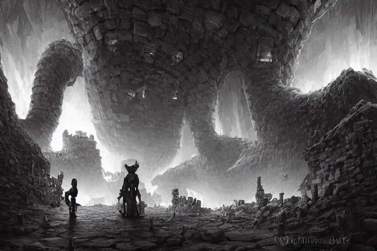Image similar to black and white point perspective dungeon cozy fantasy dungeon the possessed golem merchant Alara is selling cheesy bardings,by artgerm and Craig Mullins, James Jean, Andrey Ryabovichev, Mark Simonetti and Peter Morbacher 16k