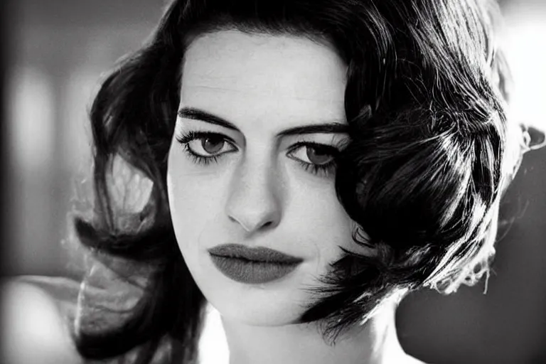 Image similar to beautiful medium shot of anne hathaway in a film noir ; grainy black and white movie still