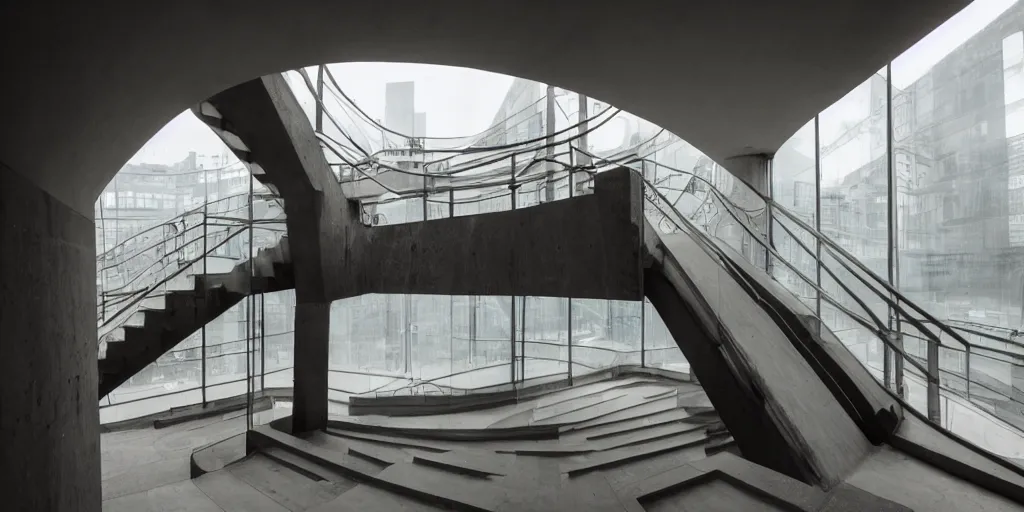 Image similar to staircase, brutalist, the parallax view, cinematic, atmospheric, shot on arri alexa