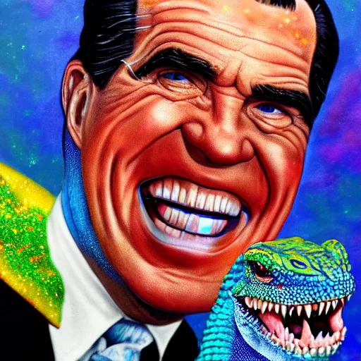Prompt: president nixon as a smiling laughing bright blue lizard person, airbrush painting, hyper detailed, 8 k, photorealism, rule of thirds, glitter.