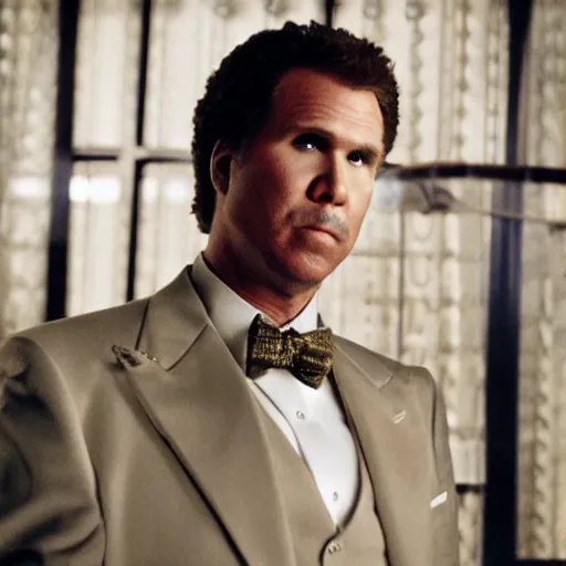 Prompt: close - up of will ferrell as a mafia boss in a movie directed by martin scorsese, movie still frame, promotional image, imax 7 0 mm footage