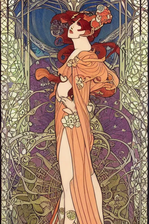 Image similar to full length art nouveau painting of princess - peach!!!!!!! by mucha, sharp edges, intricate line - work.