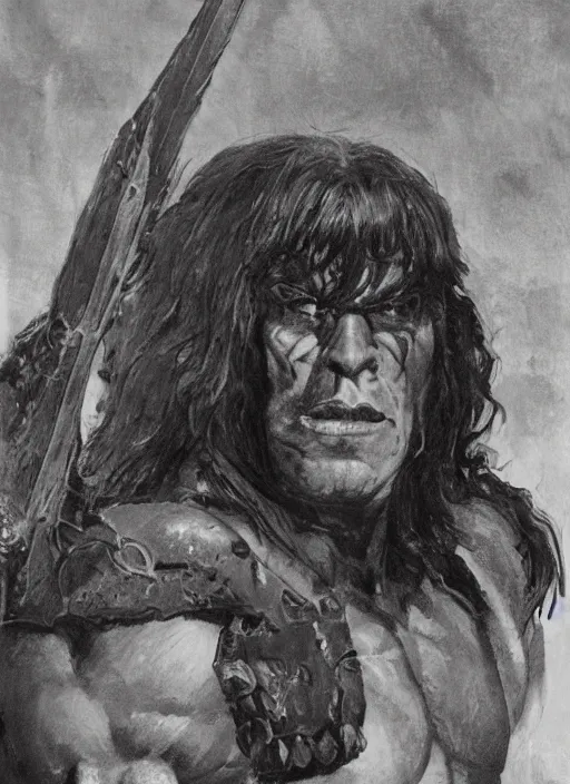 Image similar to An ultra-detailed ,hyperrealistic, face-centered portrait of Conan the barbarian in battling skeleton warriors, by John Buscema , Frank Frazetta and Bill Sienkiewicz, trending on marvel, trending on artstation