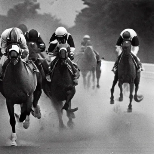 Image similar to horses racing against cars in a heated race in 1975, shot from a Pulitzer winning photography