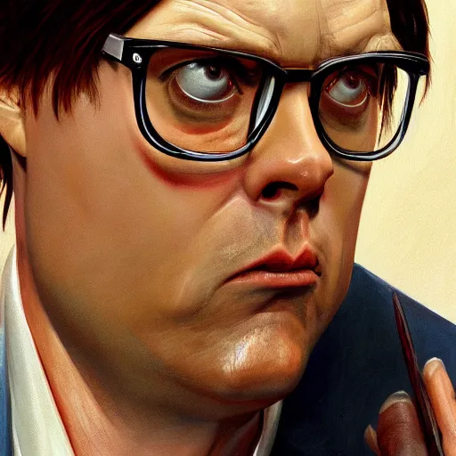 Prompt: close-up of Dwight Schrute in The Office (2005) looking furious, highly detailed, sharp focus, digital painting, artwork by Victor Adame Minguez + Yuumei + Tom Lovell + Sandro Botticelli