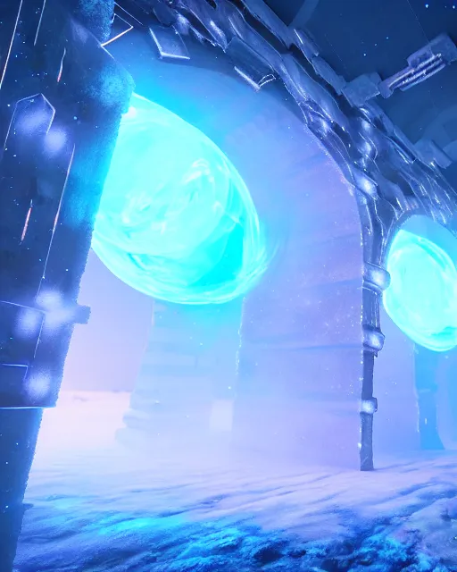 Image similar to interdimensional galaxy portal covered in frost, ice gate, volumetric light, volumetric fog, unreal engine, frostpunk photorealistic, 8 k by beeple