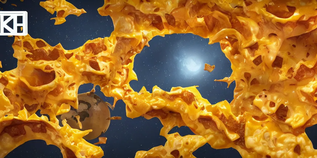 Prompt: cheese planet made of cheese interior, melted cheese waterfalls, living nachos flying though the sky, Greg Rutkowski, 3d scene, trending on Artstation, 8K, ultra wide angle, pincushion lens effect, zenith view.