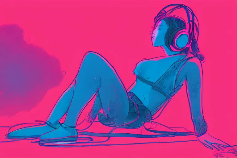 Image similar to a cute girl wearing headphones sitting on a cloud relaxing, misty, glows, digital painting, hazy, foggy, red lighting, ambient lighting, 8 k, neon, synthwave, cyberpunk,