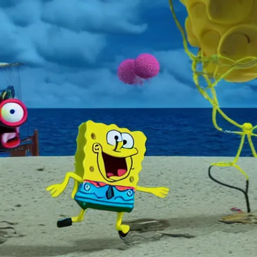 Image similar to SpongeBob comes flying out of the ocean as a result of the demolition derby, once again briefly seen in his live-action sponge form, Realistic, HDR, HDD, Unreal Engine 5, Real Event