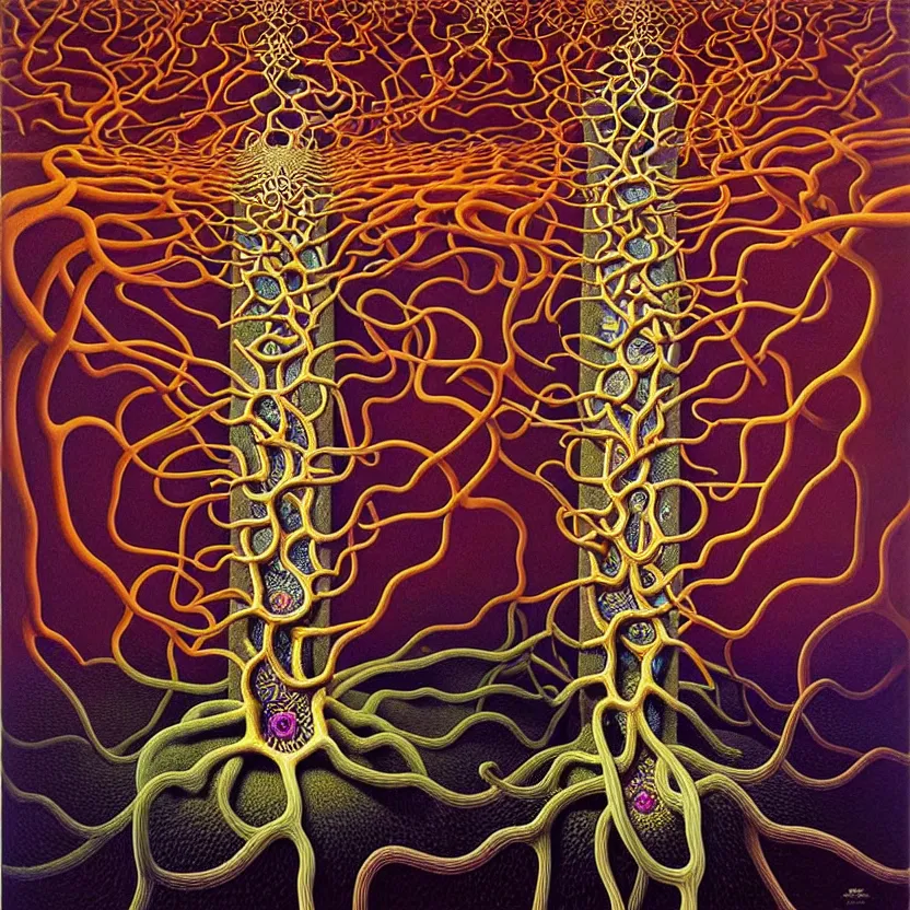 Image similar to infinite fractals of neuron cells, surreal, by salvador dali and mc escher and alex grey and zdzisław beksinski, oil on canvas, hd, dreams, intricate details, warm colors