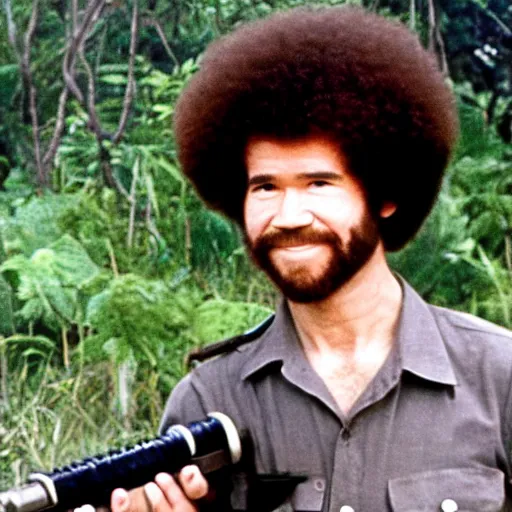 Prompt: bob ross holding a china - lake grenade launcher in the vietnam war