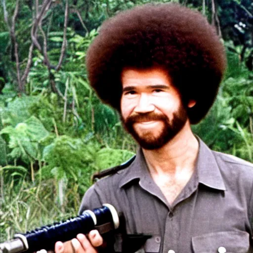 Image similar to bob ross holding a china - lake grenade launcher in the vietnam war